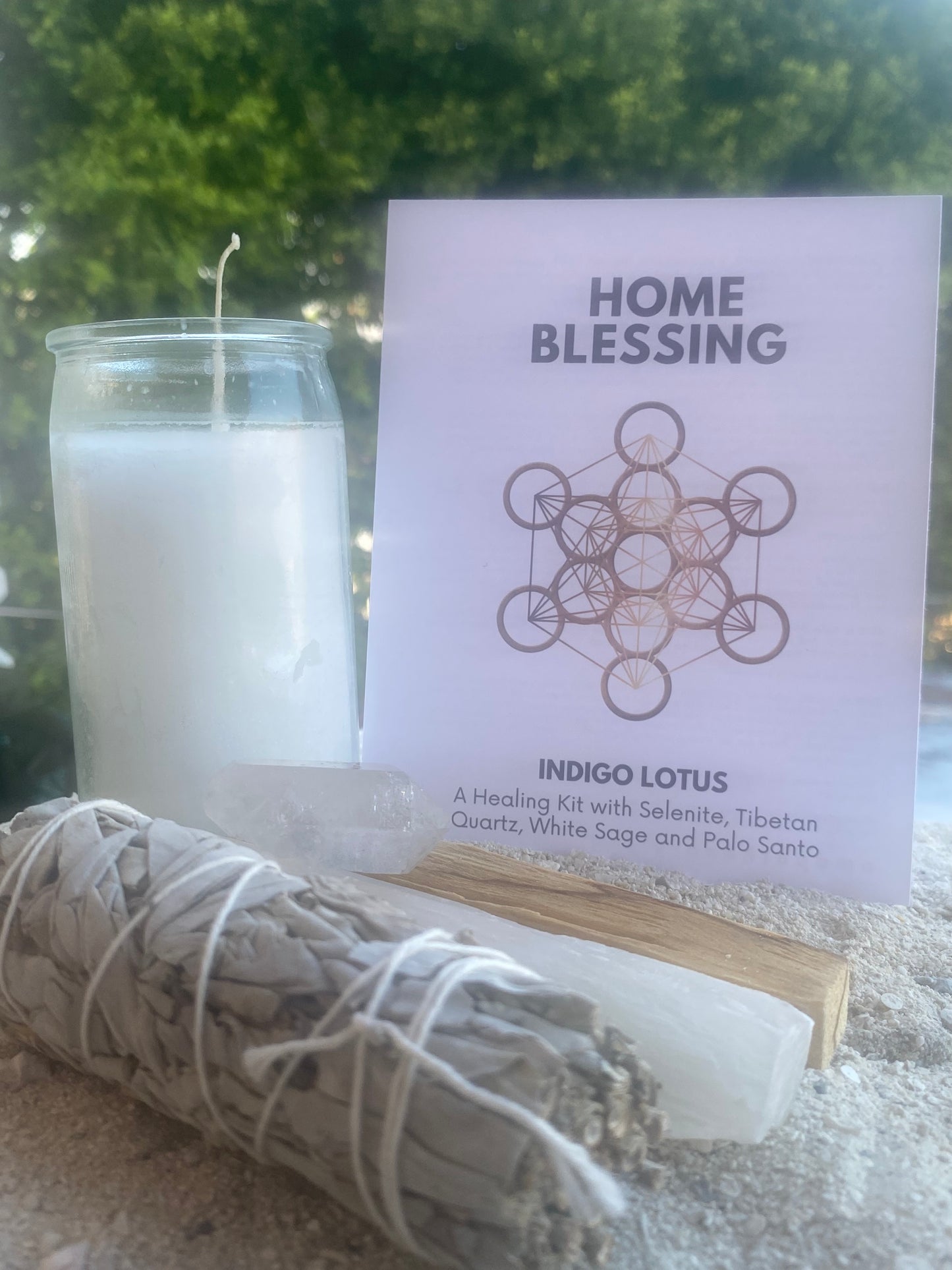 Home Blessing Kit: Tibetan Quartz, Selenite, White Sage, Palo Santo, Candle