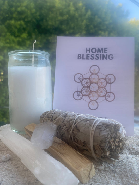 Home Blessing Kit: Tibetan Quartz, Selenite, White Sage, Palo Santo, Candle